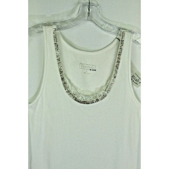 ABS Essentials Top XL White Ribbed Tank Beaded Bugle Beads Embellished Women New - Picture 2 of 7